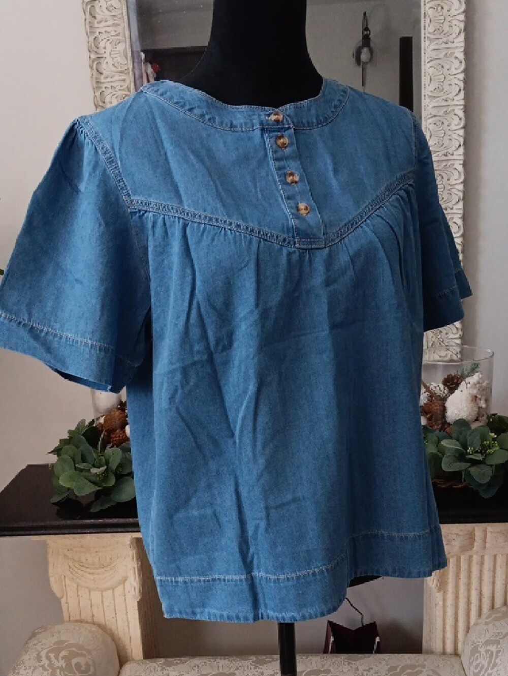 Denim Button Yoke Short Sleeve Top - Blue - Picture 3 of 7